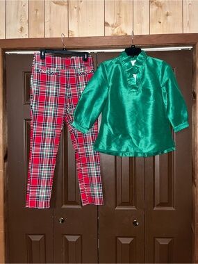 crown & ivy Red and Green Plaid blouse and trousers